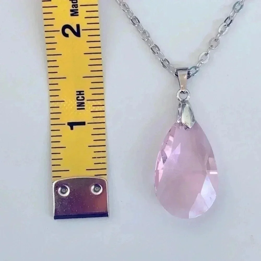 Pink Crystal Teardrop Stainless Steel Necklace NWT